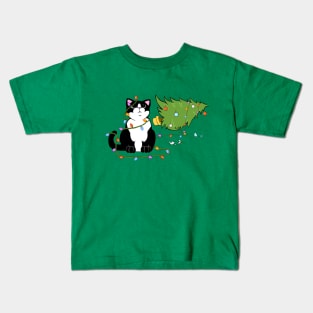 Christmas Tree Knocked Over By Tuxedo Cat Meowy Christmas Kids T-Shirt
